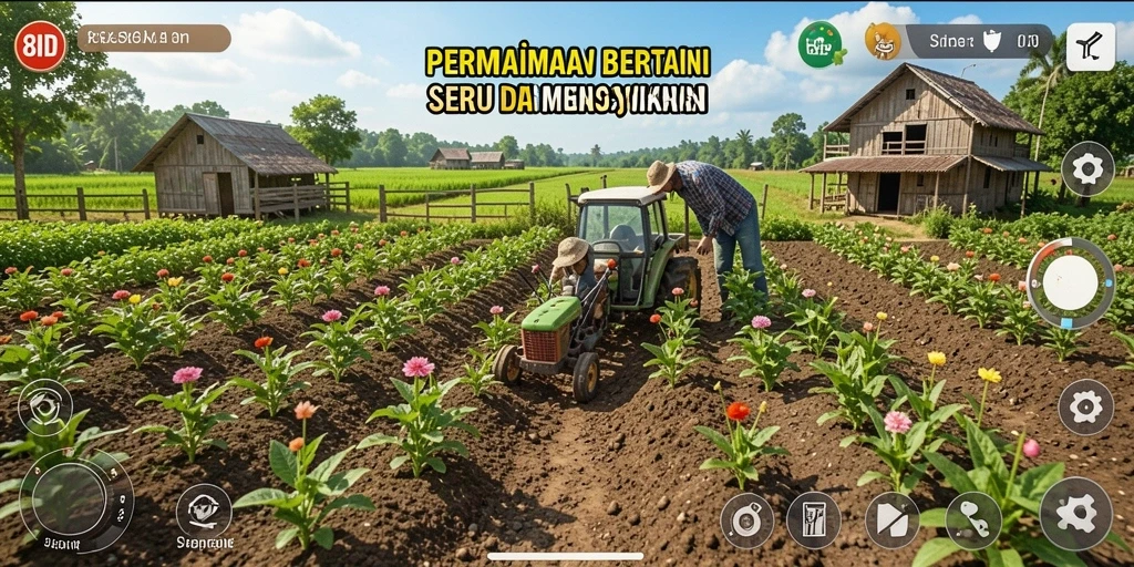 Tangkapan layar utama 8ID menunjukkan aktivitas bertani yang seru dan interaktif.