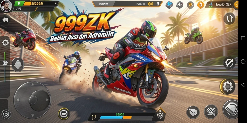 Screenshot 999ZK menampilkan aksi balapan motor yang mendebarkan.