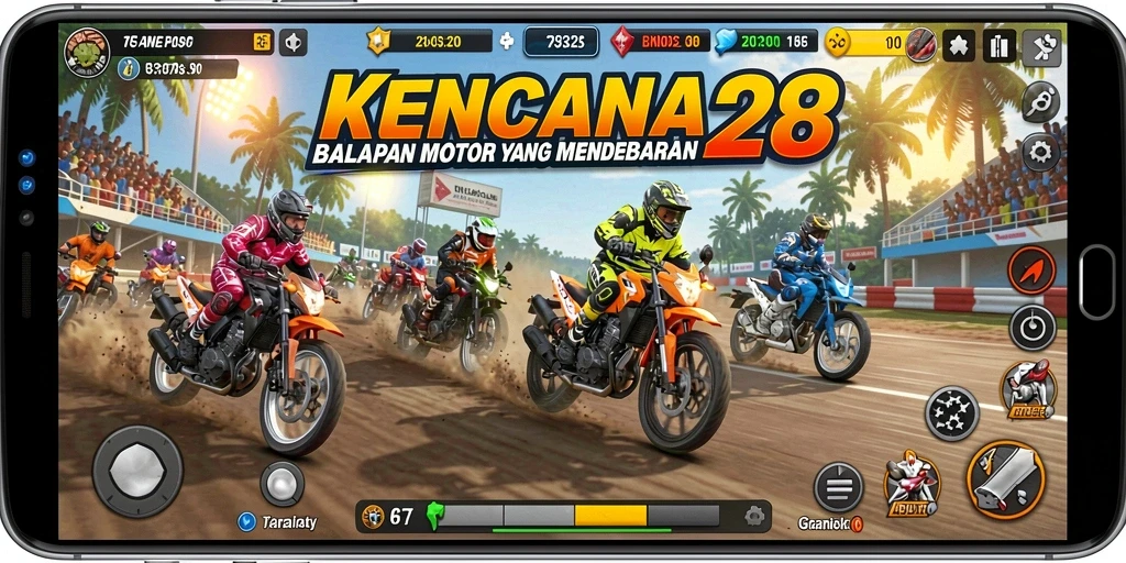 Screenshot gameplay KENCANA28 menampilkan balapan motor yang mendebarkan.