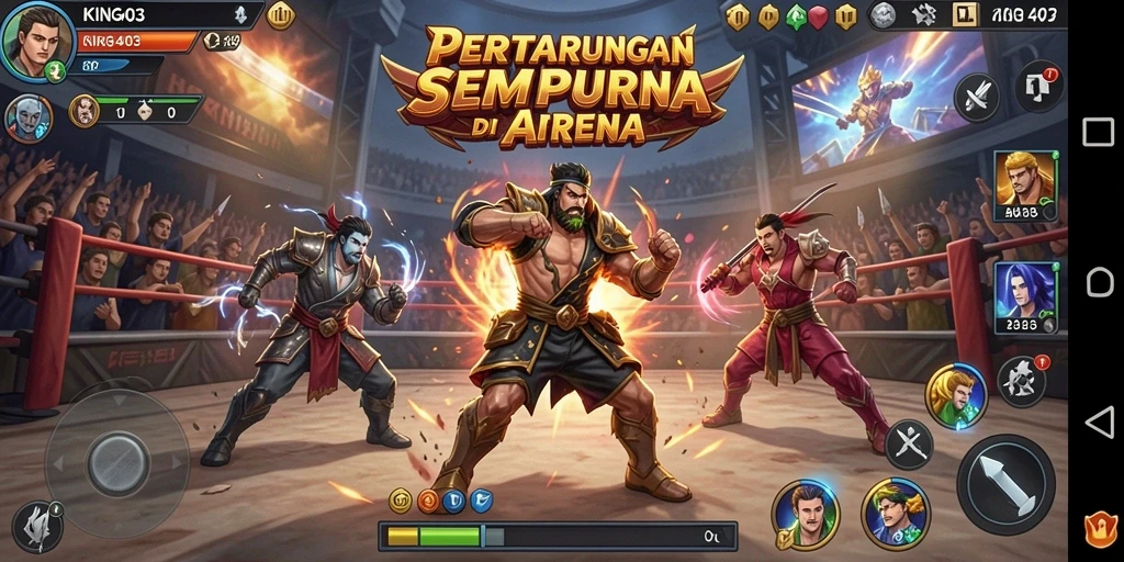 Screenshot KING403 menunjukkan aksi pertarungan yang intens di arena.