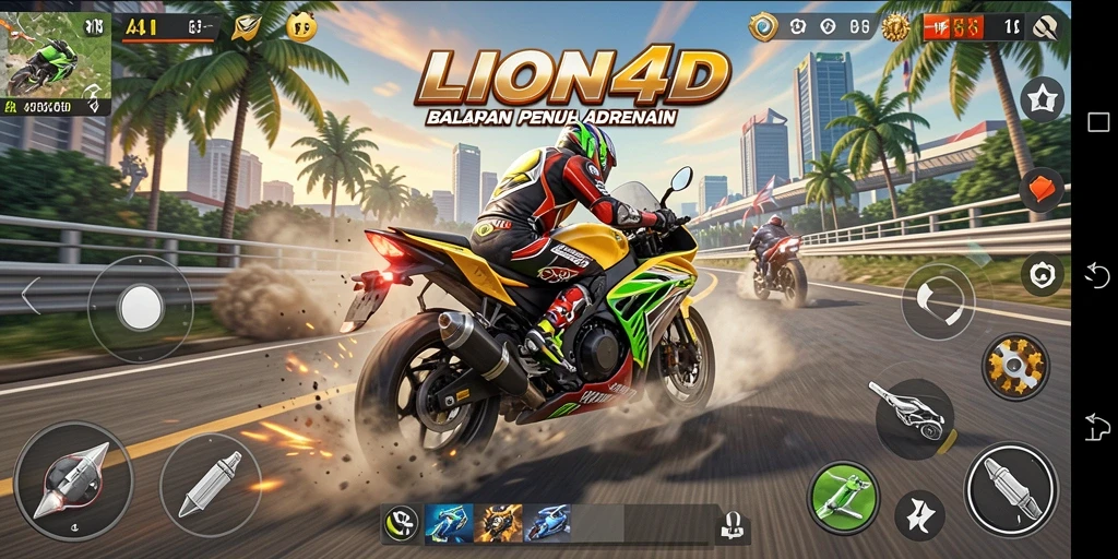 Tangkapan layar utama LION4D memperlihatkan aksi balapan motor yang mendebarkan.