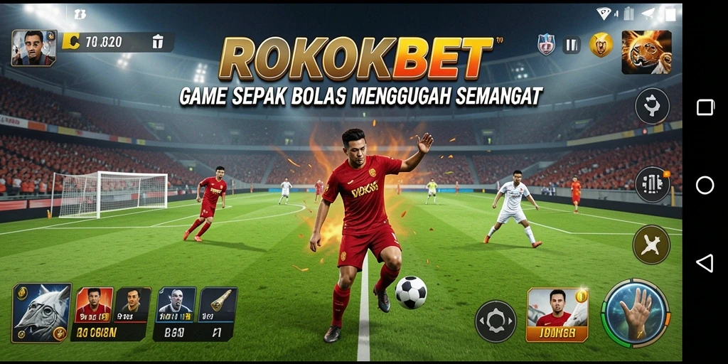 Tangkapan layar utama ROKOKBET menampilkan aksi gameplay sepak bola yang mendebarkan.