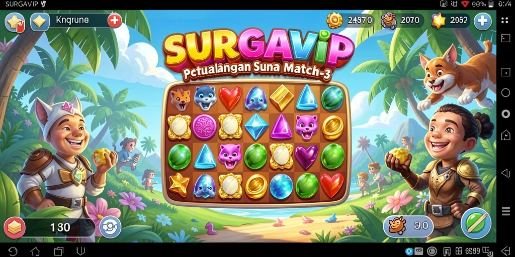 Menampilkan gameplay SURGAVIP dengan aksi Match-3 yang seru dan penuh warna.