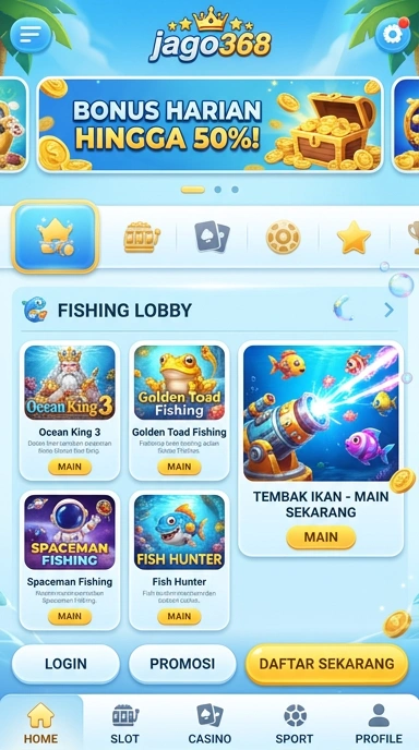 Tampilan aplikasi jago368 dengan berbagai pilihan kategori.
